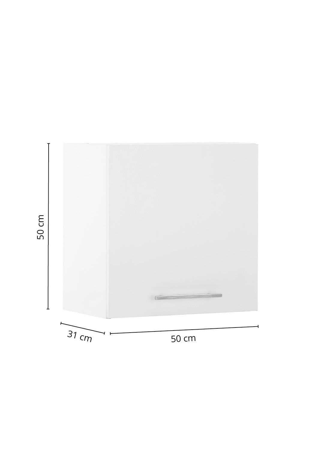 Laundreezy LD50H50W Maße_74-200-17 Weißer Hängeschrank mit geschlossener Front und Maßangaben in der Perspektivansicht.