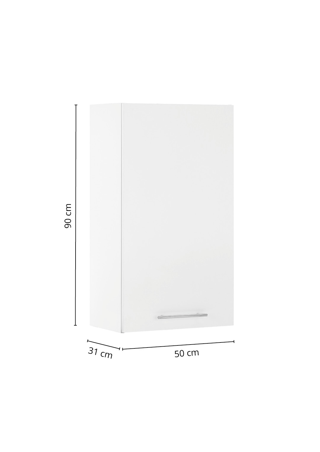 Laundreezy LD50H90W Maße_74-201-17 Weißer Hängeschrank mit Tür und eingezeichneten Maßangaben in der Perspektivansicht.