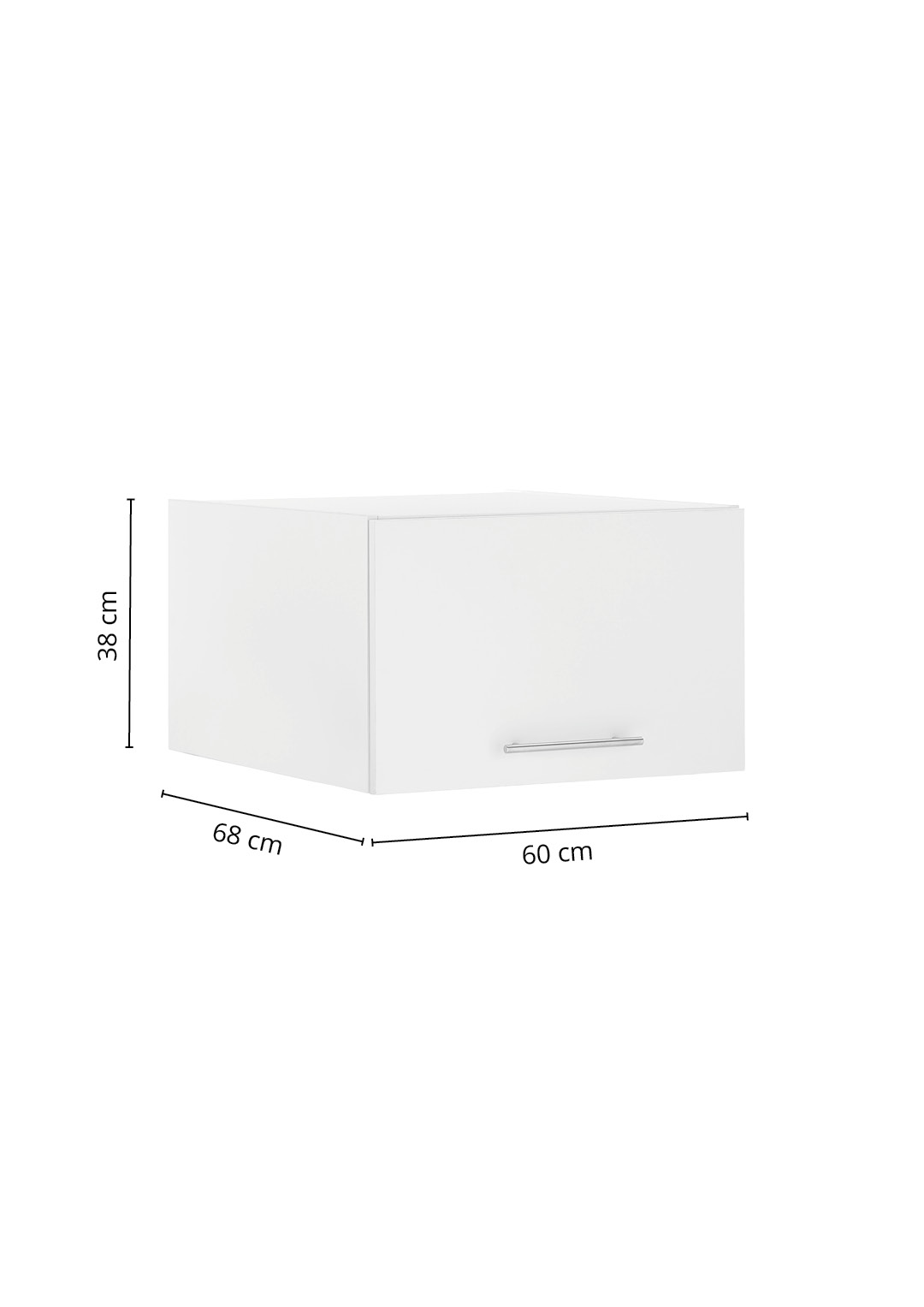 Laundreezy LDA60H38W Maße_37-205-17 Weißer Hängeschrank mit einer Klappe und dargestellten Maßangaben für Breite Höhe und Tiefe.