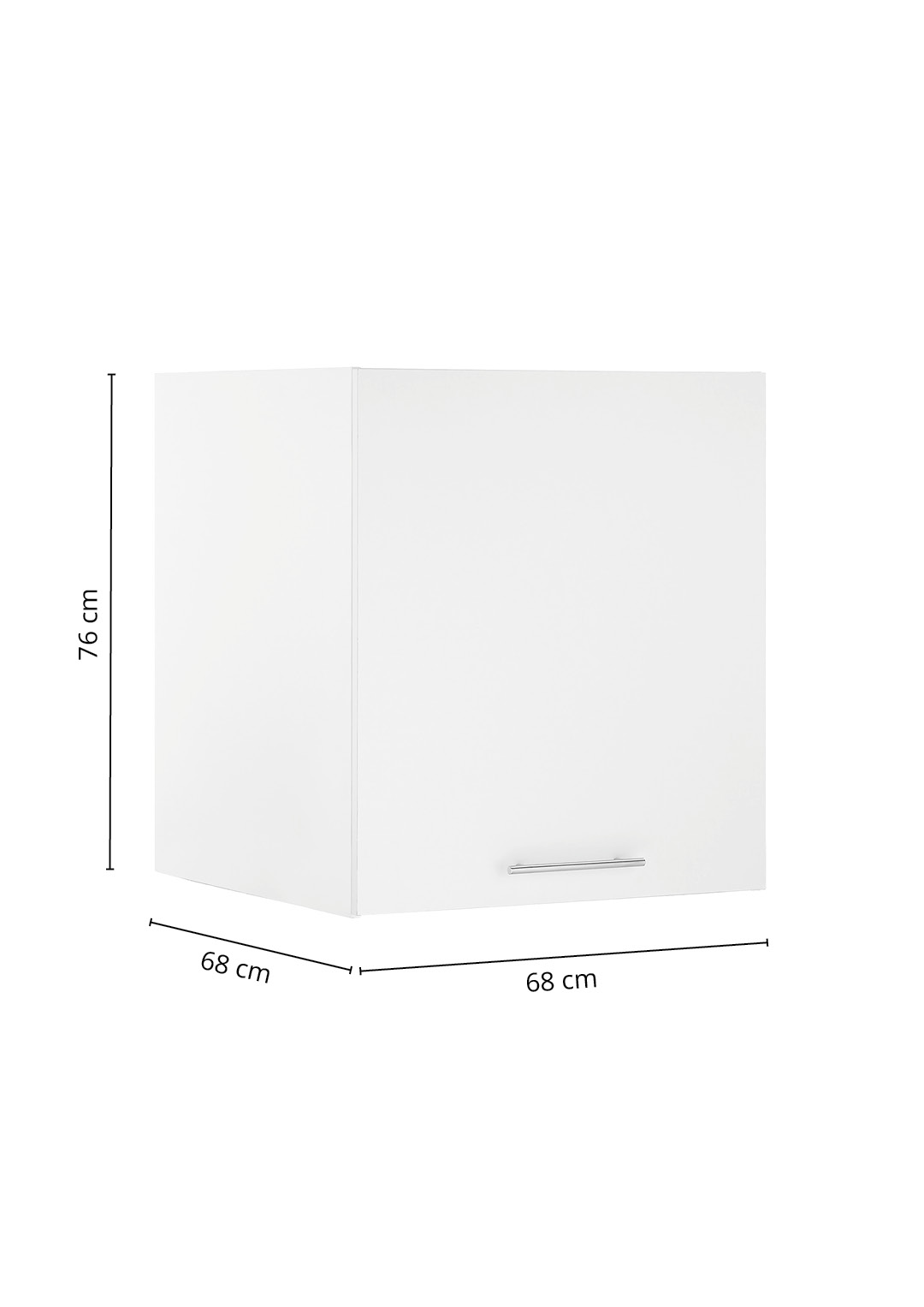 Weißer Hängeschrank mit einer Tür und eingezeichneten Maßangaben in Breite Höhe und Tiefe.