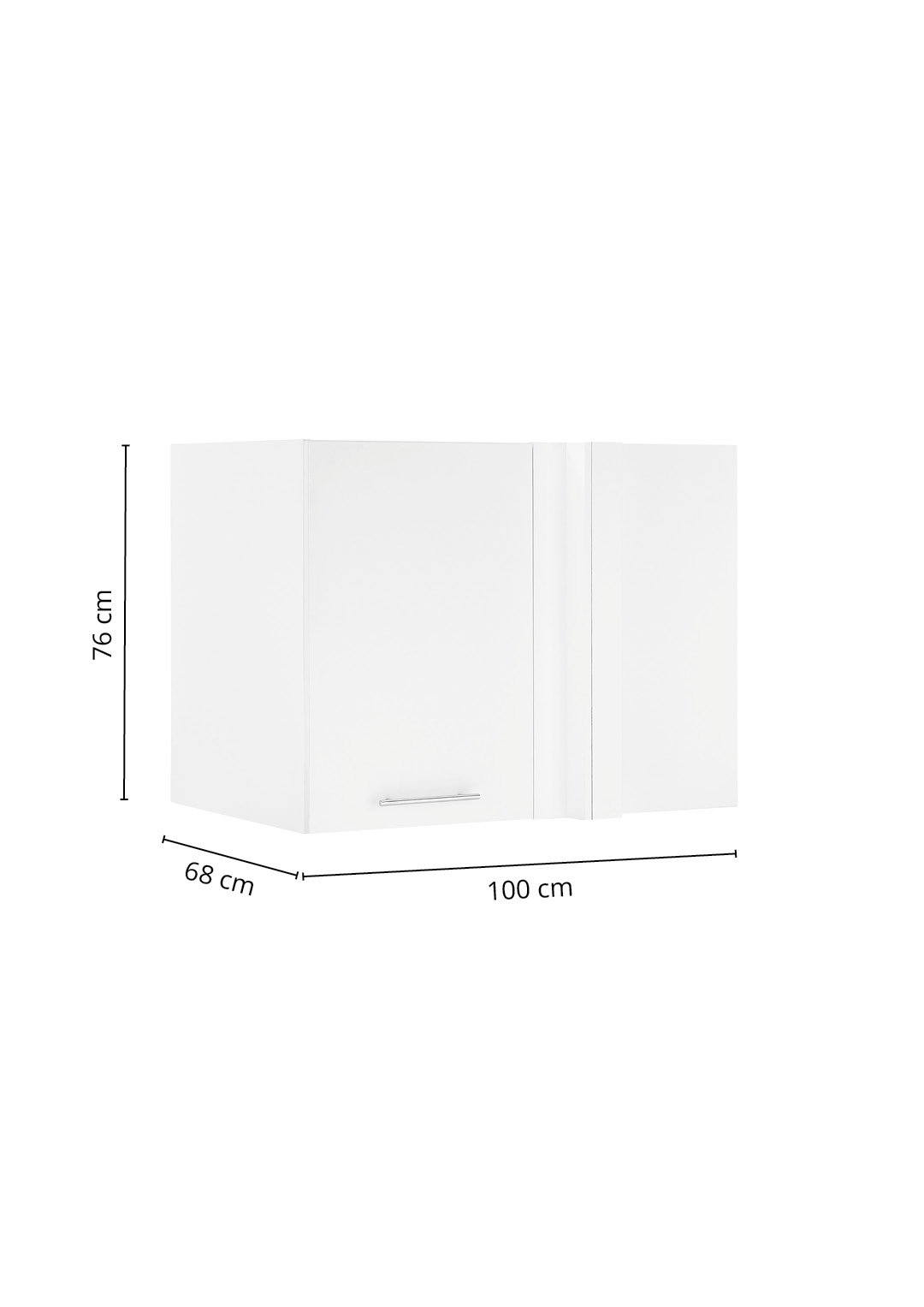 Weißer Hängeschrank mit Doppeltür und eingezeichneten Maßangaben in schräger Ansicht.