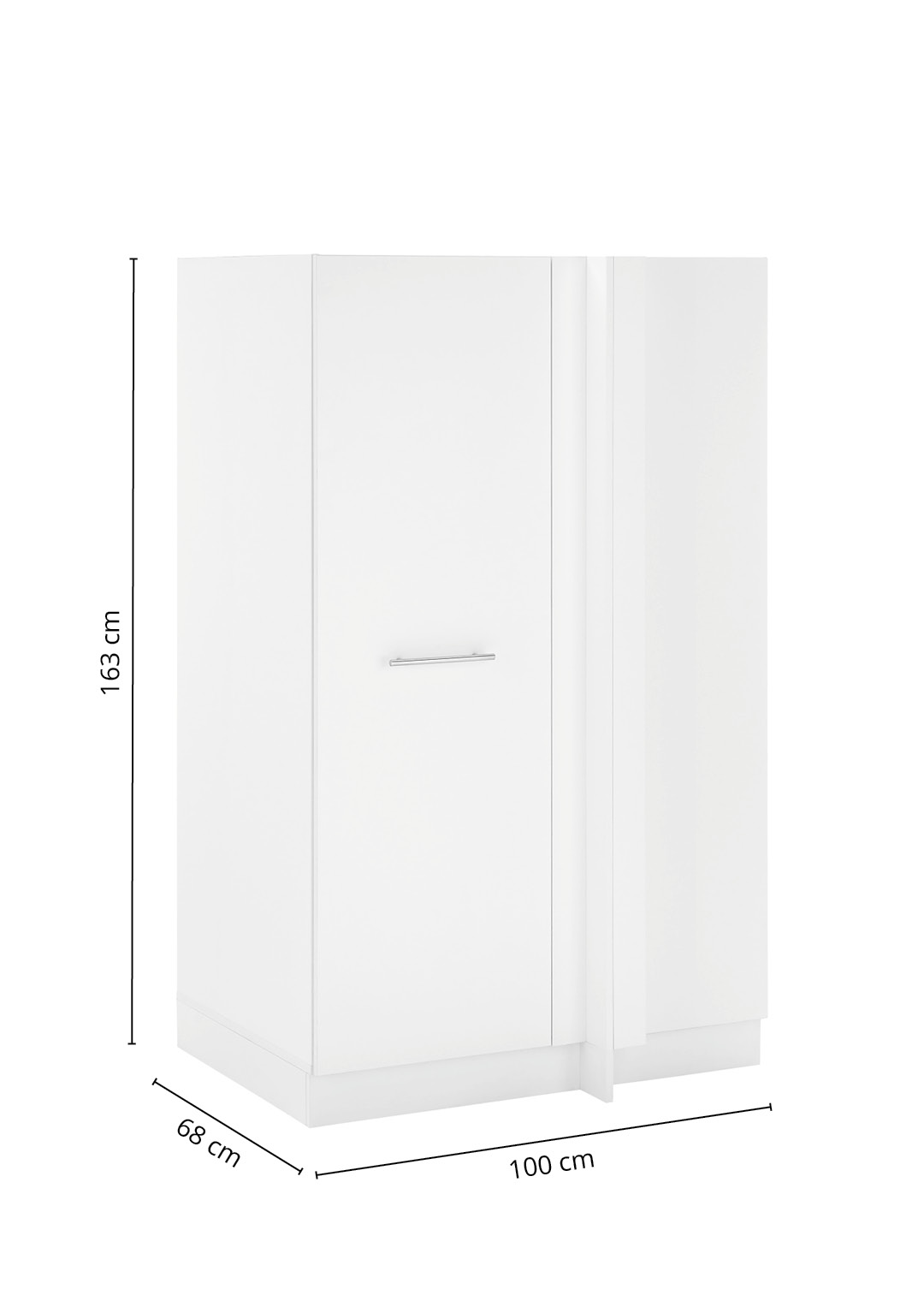 Laundreezy LDES100W Freisteller mit Sockel Maße_70-204-17 Weißer Stauraumschrank mit Sockel und einer Tür inklusive eingezeichneter Maßangaben.