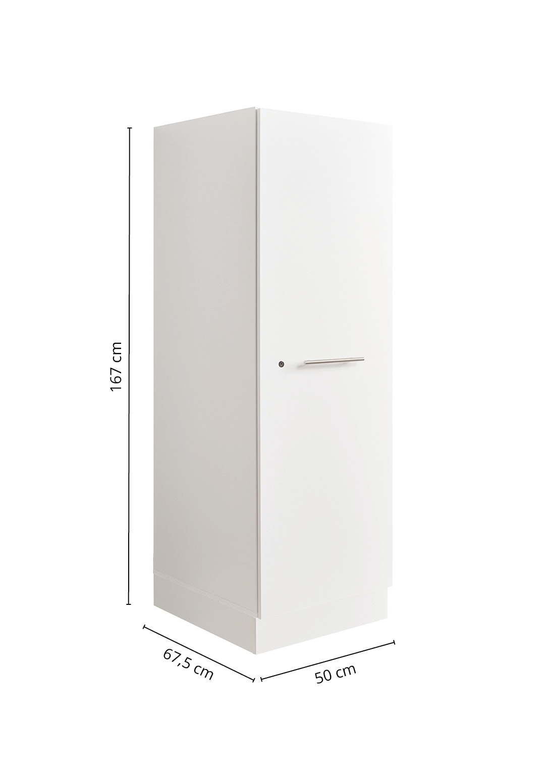 Hoher weißer Stauraumschrank mit Tür, Sockel und eingezeichneten Maßangaben.
