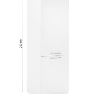 Weißer Hochschrank mit zwei Türen und Sockel inklusive Maßangaben für Höhe Breite und Tiefe.