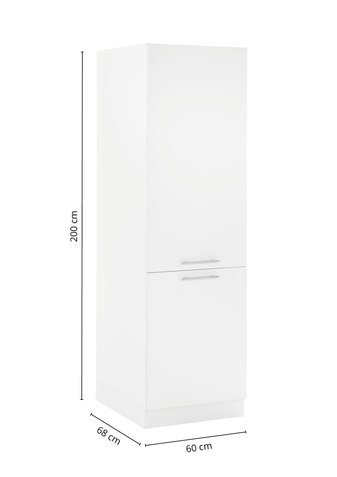 Laundreezy LDKS60W mit Sockel Maße_73-203-17 Weißer Hochschrank mit zwei Türen und Sockel inklusive Maßangaben für Höhe Breite und Tiefe.