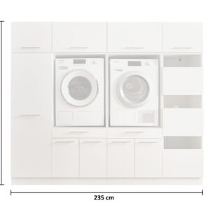 Frontale Ansicht einer weißen Waschraum Schrankkombination mit integrierter Waschmaschine und Trockner, daneben Schubladenelement und Hochschrank, ergänzt durch Maßangaben von 200 cm Höhe und 235 cm Breite