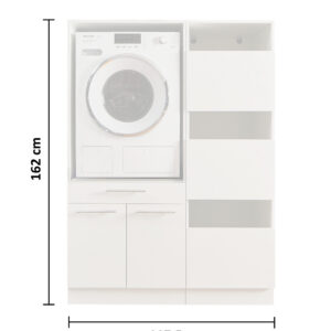 Freigestellter weißer Waschmaschinen Schrank mit Maßangaben in Breite und Höhe.
