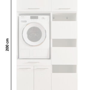 Laundreezy LDSK5_91-214-_70-200-,37-202-,70-201-,37-201- Freisteller mit Bemaßung Weißer Waschmaschinen Schrank mit Maßangaben 200 cm Höhe und 117,5 cm Breite, mit offenen Regalfächern und Gerätefach.