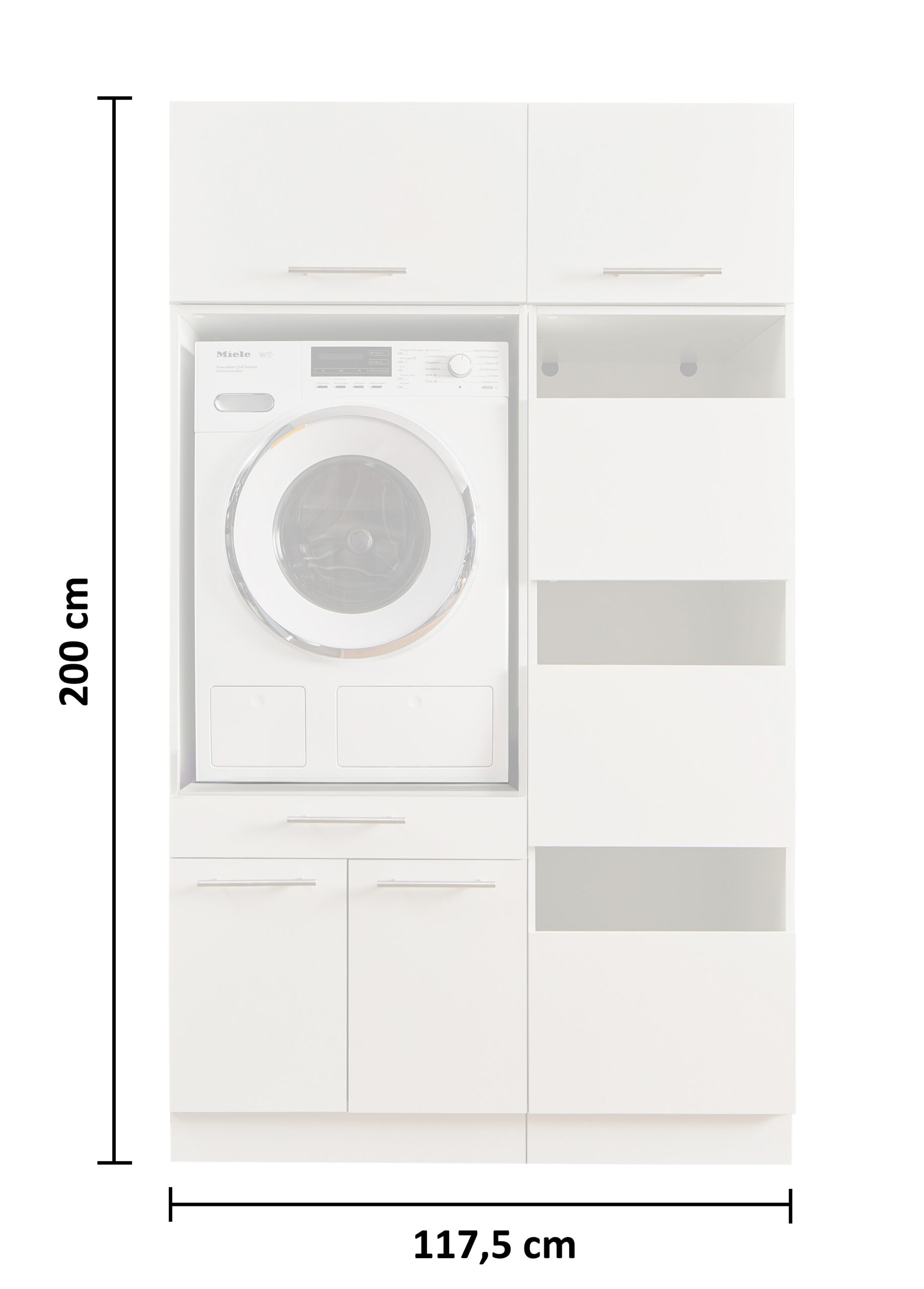 Laundreezy LDSK5_91-214-_70-200-,37-202-,70-201-,37-201- Freisteller mit Bemaßung Weißer Waschmaschinen Schrank mit Maßangaben 200 cm Höhe und 117,5 cm Breite, mit offenen Regalfächern und Gerätefach.