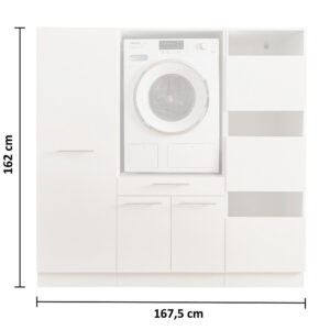 Freisteller eines weißen Waschmaschinen Schranksystems mit integrierter Waschmaschine, Hochschrank, Unterschrank und Regalfachmodul, inklusive Maßangaben 162 cm Höhe und 167,5 cm Breite.