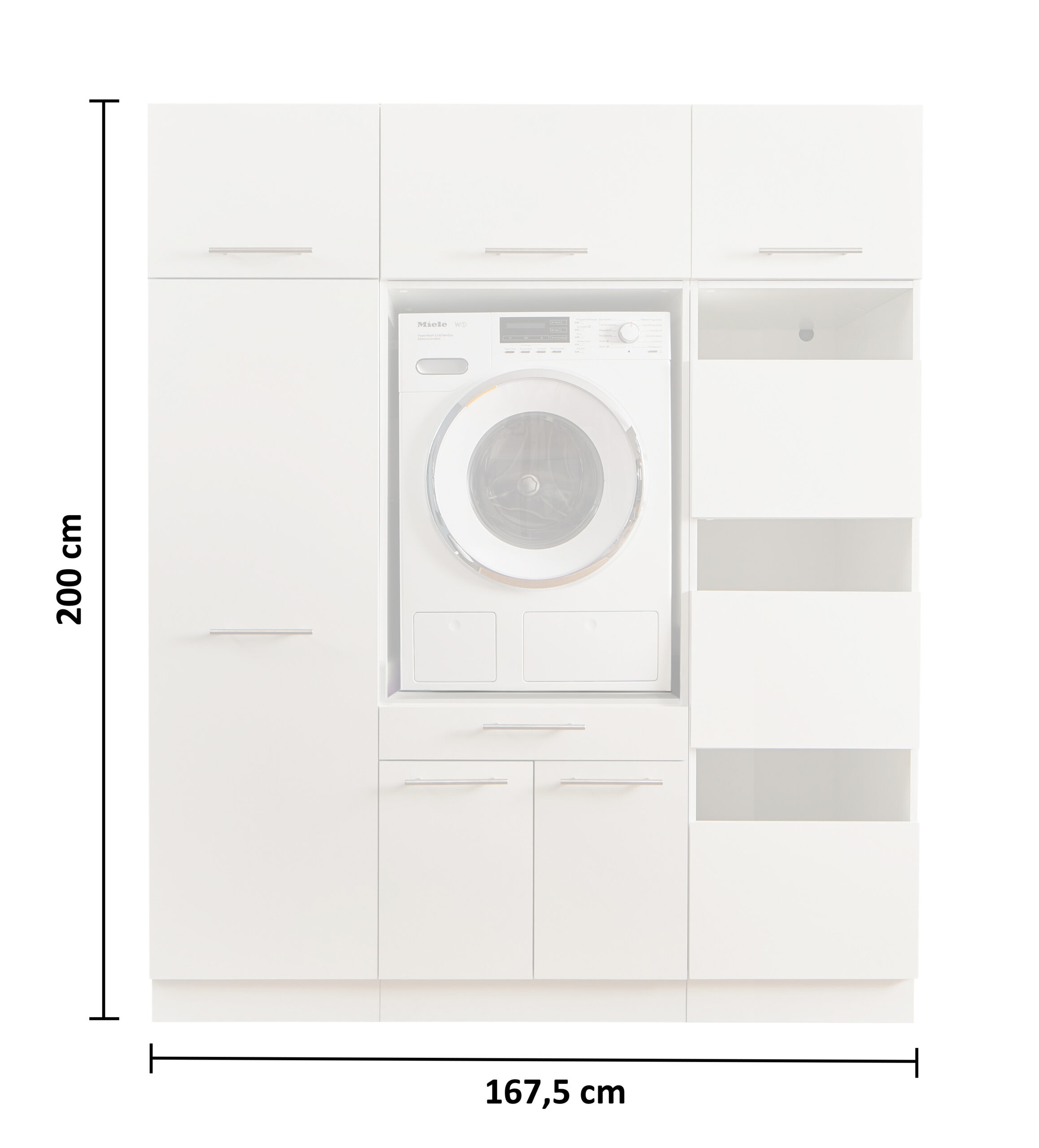 Laundreezy LDSK9_91-218-_70-202-,37-201-,70-200-,37-202-,70-201- Freisteller mit Bamaßung Freisteller eines weißen Waschraum Schranksystems mit integrierter Waschmaschine und Maßangaben.
