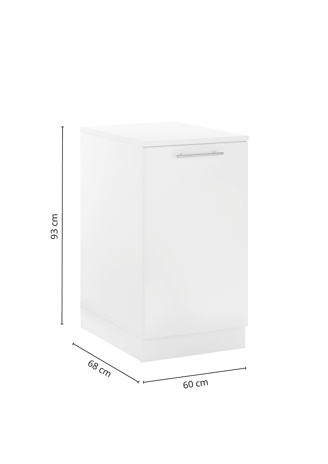 Weißer Unterschrank mit Sockel und Fronttür inklusive Maßangaben für Höhe Breite und Tiefe.