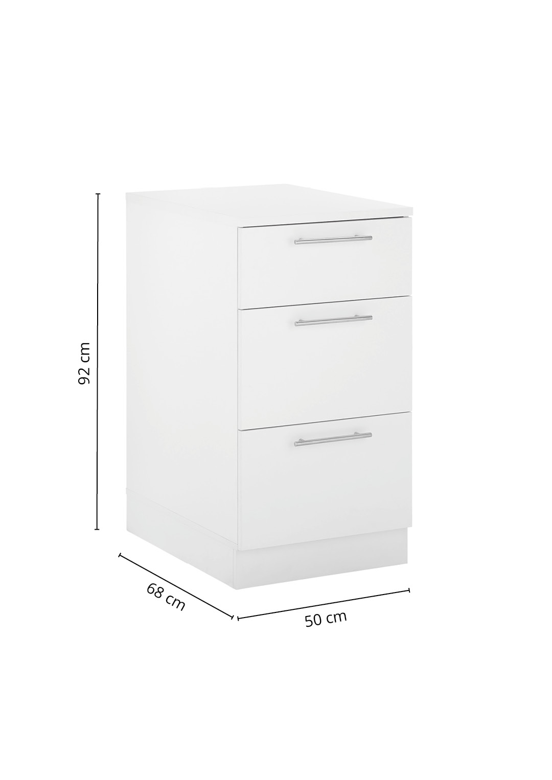 Weißer Unterschrank mit drei Schubladen und Sockel inklusive Maßangaben für Höhe Breite und Tiefe.